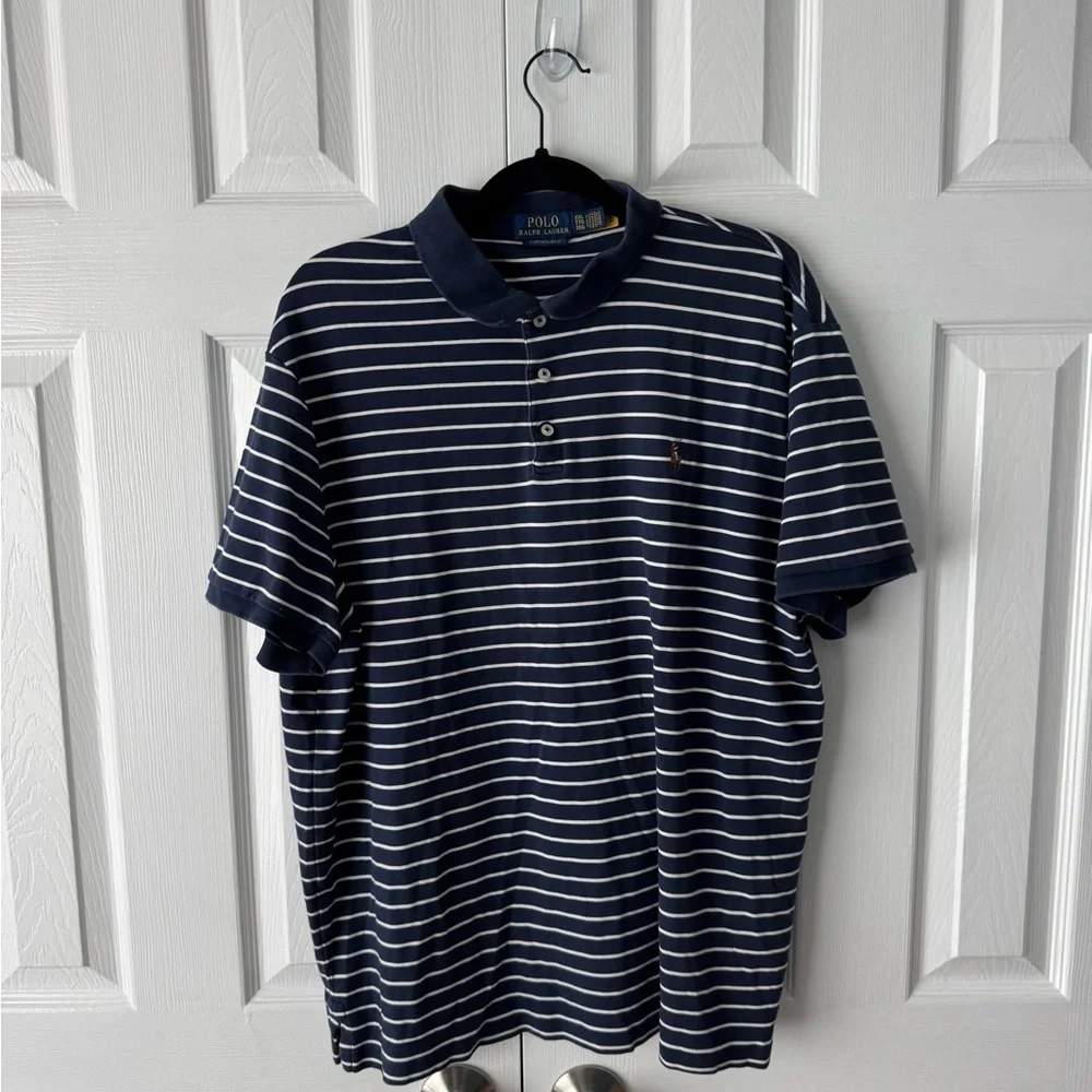 Polo Ralph Lauren Navy & White Striped Polo Shirt XXL Custom Slim Fit Pony